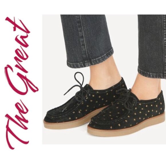 NWB THE GREAT Scout Black & Gold Suede Star Print Lace Up Loafer, Size 7 - Picture 1 of 15